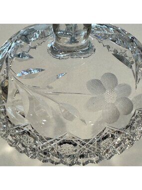 Cut Glass Etched Clear Compote Pedestal Dish Centerpiece 8" Tall Floral Vintage